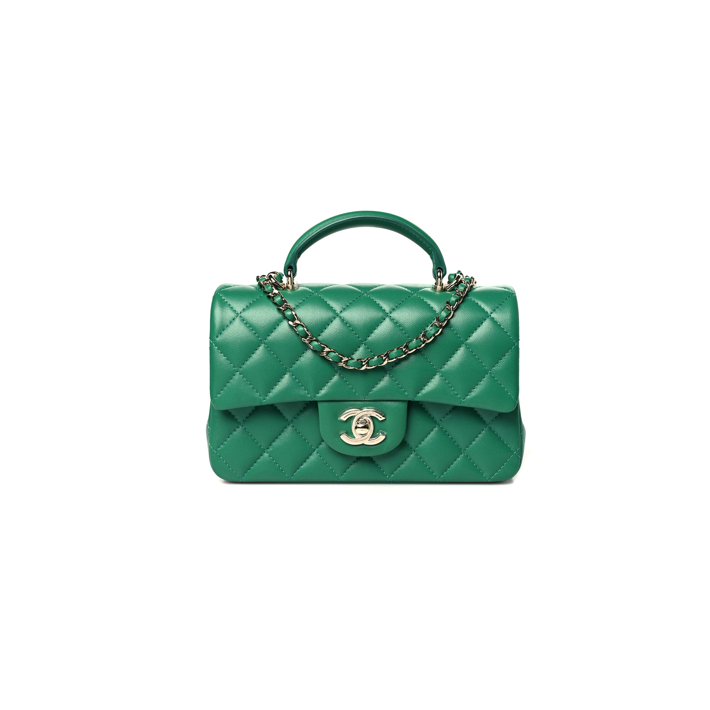 Ch*el lambskin quilted mini top handle rectangular flap green (20*13*9cm)